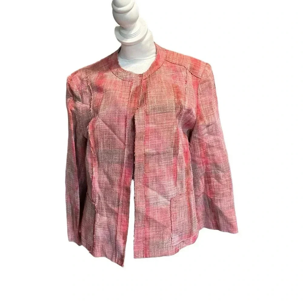 AK Anne Klein blazer jacket cropped linen blend open front  red plaid 12